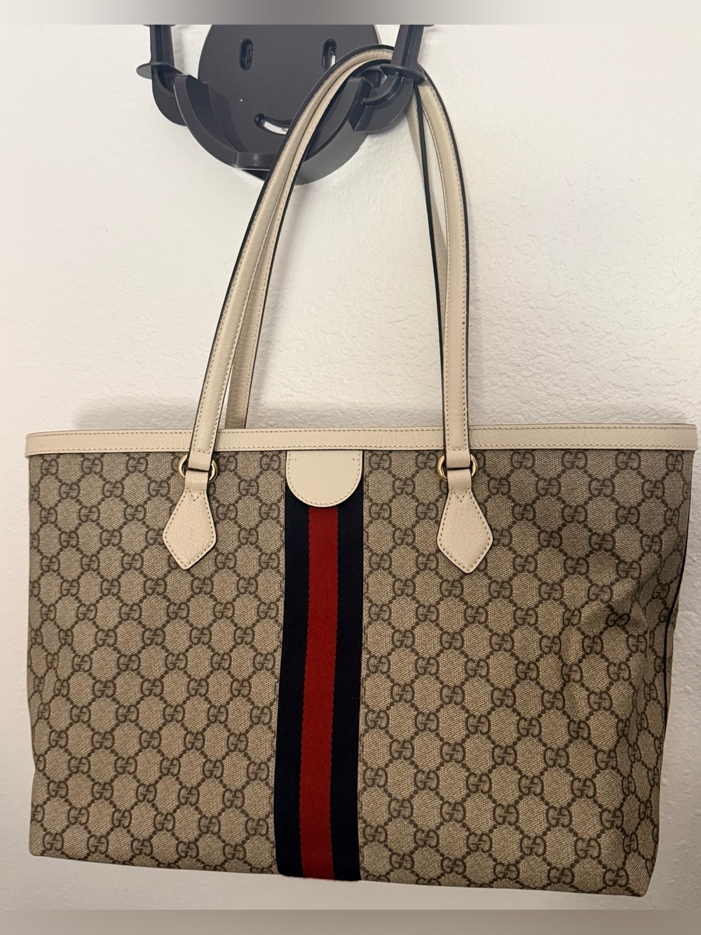 Gucci Ophidia GG Supreme Medium Web Tote Beige Canvas Ivory Leather Authentic - Picture 5 of 13